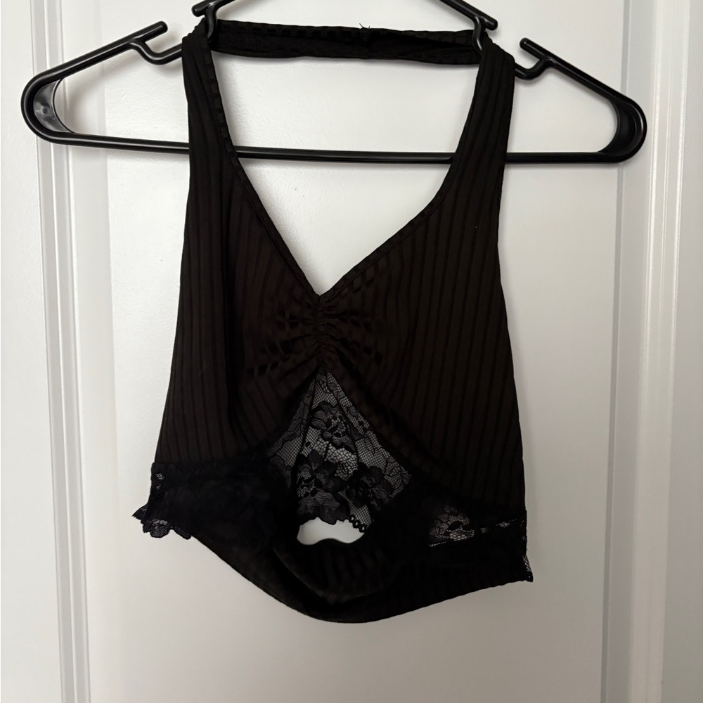 SHEIN Black Ribbed Crop Top with Lace Detailing Size: S